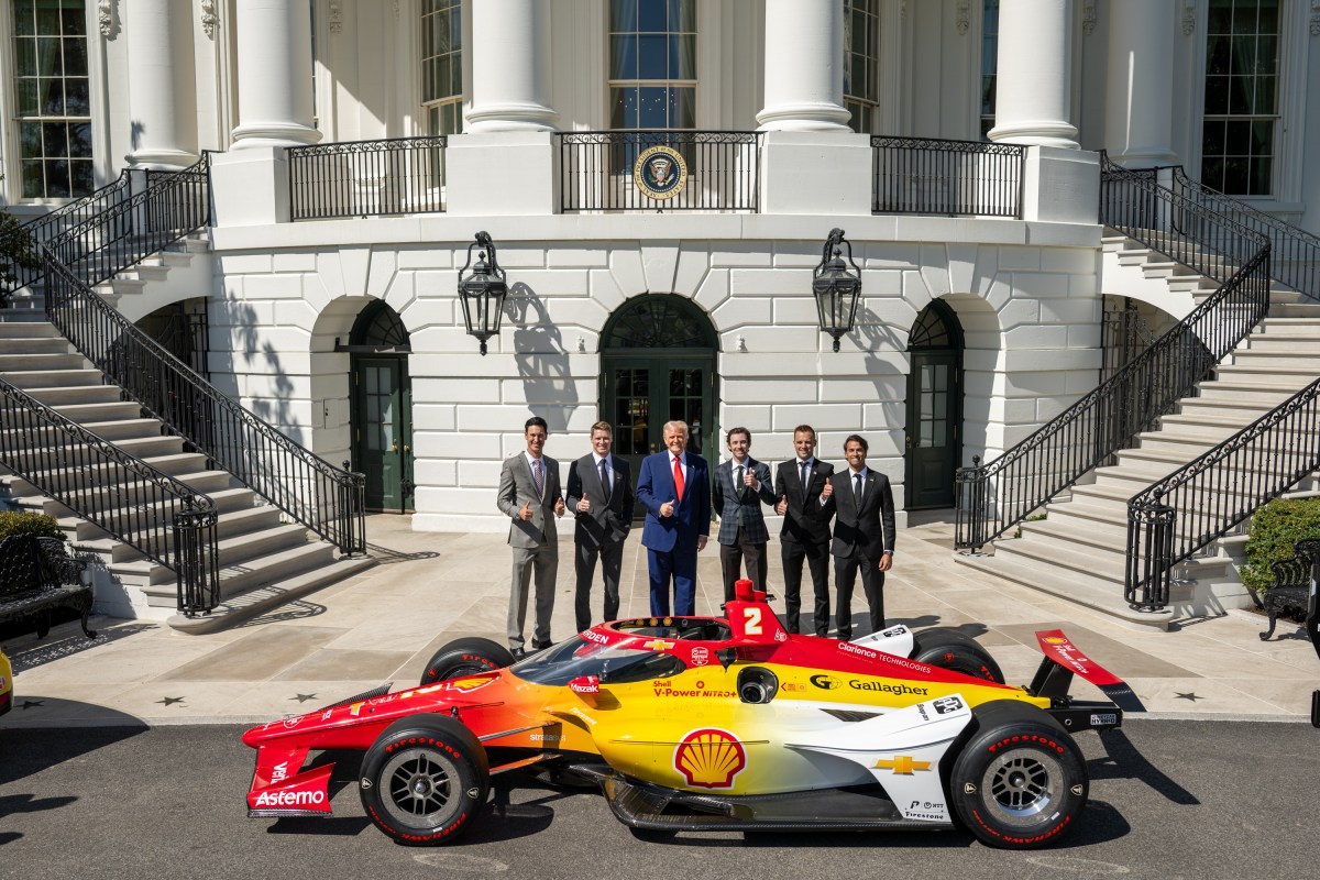 President Donald Trump participates in a photo opportunity with 2024 NASCAR Cup Series Champion Joey Logano and other racing champions, Wednesday, April 9, 2025, at the South Portico of the White House. (Official White House Photo by Daniel Torok)