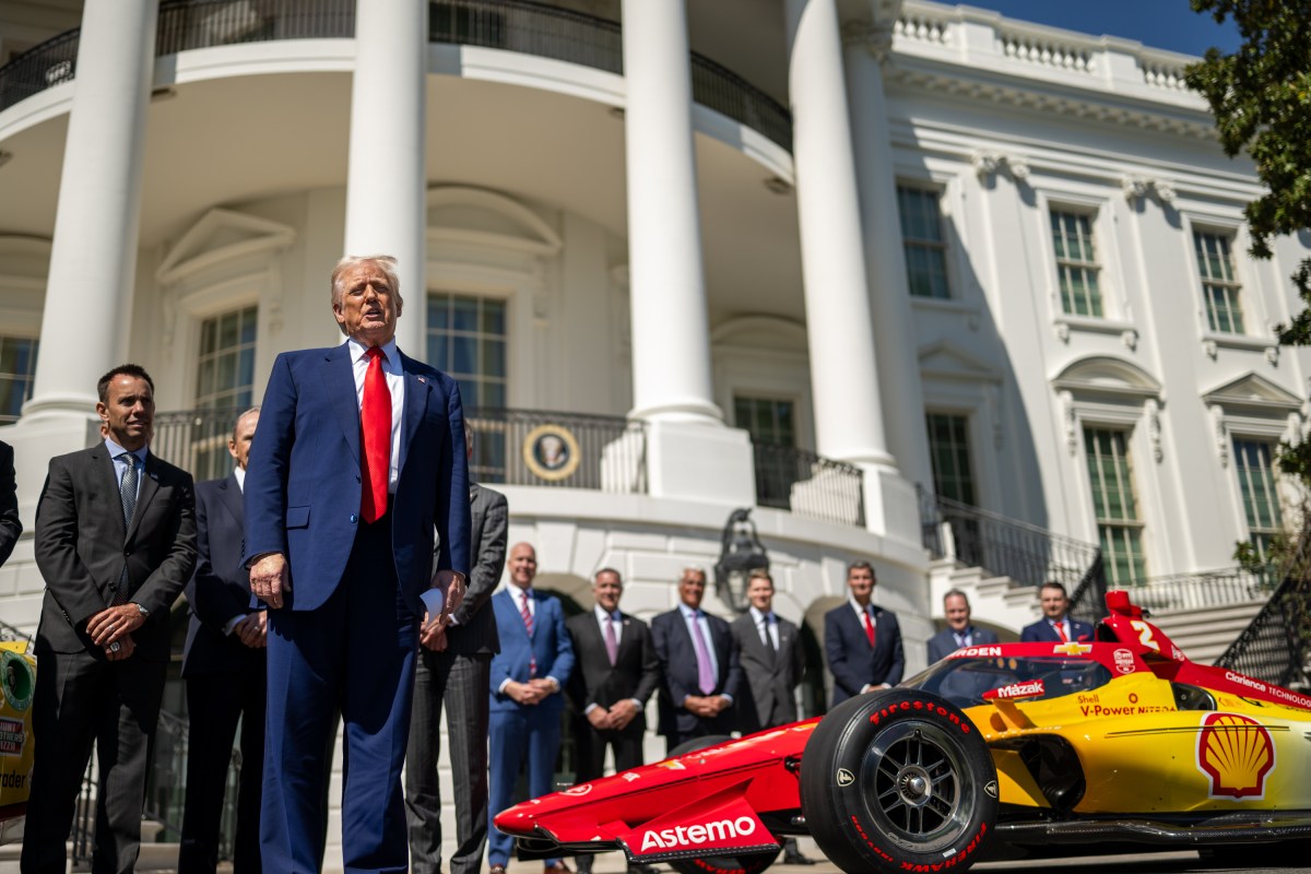 President Donald Trump participates in a photo opportunity with 2024 NASCAR Cup Series Champion Joey Logano and other racing champions, Wednesday, April 9, 2025, at the South Portico of the White House. (Official White House Photo by Daniel Torok)