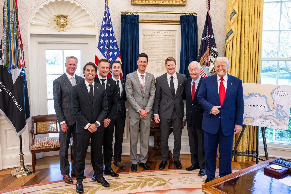 President Donald Trump participates in a photo opportunity with 2024 NASCAR Cup Series Champion Joey Logano and other racing champions, Wednesday, April 9, 2025, at the South Portico of the White House. (Official White House Photo by Daniel Torok)