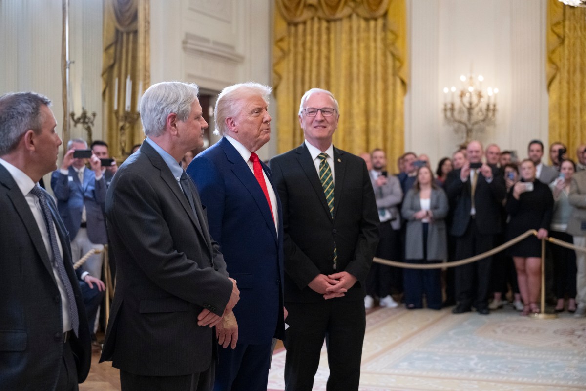 President Donald Trump greets the North Dakota State University Bison football team, Wednesday, April 9, 2025, in the East Room of the White House. (Official White House Photo by Molly Riley)