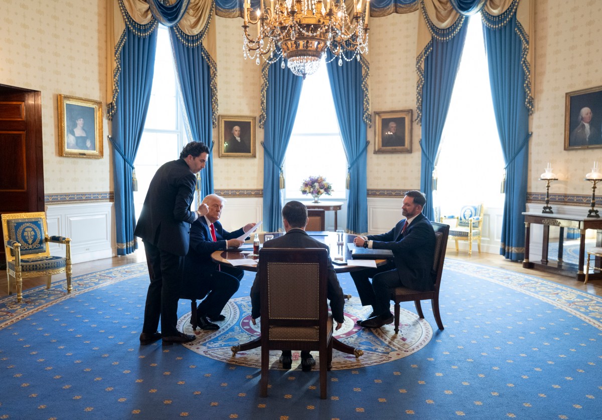 President Donald Trump holds a meeting with White House Personal, Wednesday, April 9, 2025, in Blue Room at the White House. (Official White House Photo by Molly Riley)
