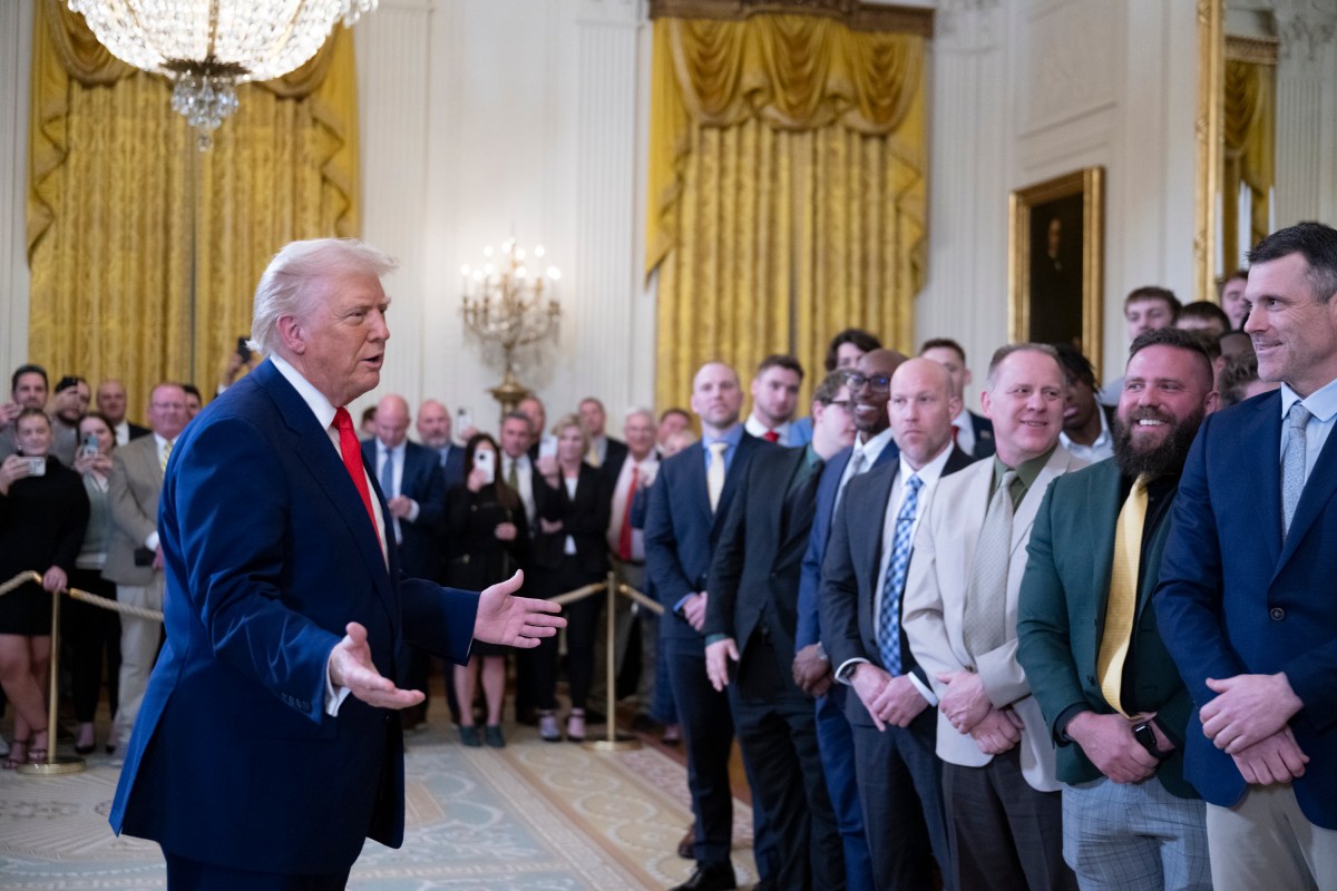 President Donald Trump greets the North Dakota State University Bison football team, Wednesday, April 9, 2025, in the East Room of the White House. (Official White House Photo by Molly Riley)