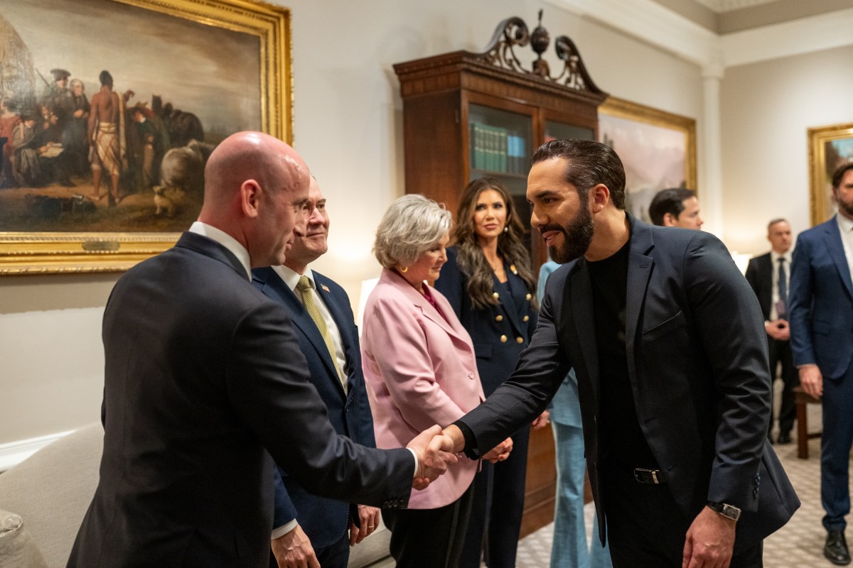 President Nayib Bukele of El Salvador greets members of the U.S. delegation in the West Wing Lobby of the White House, Monday, April 14, 2025, as he arrives for a bilateral meeting with President Donald Trump. (Official White House Photo by Joyce N. Boghosian)
