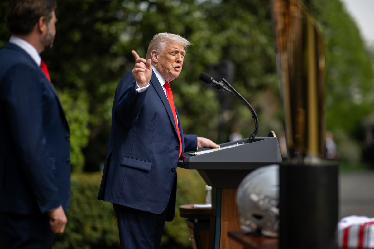President Donald Trump delivers remarks at an event celebrating the 2025 College Football National Champion Ohio State University Buckeyes, Monday, April 14, 2025, at the South Portico of the White House. (Official White House Photo by Daniel Torok)