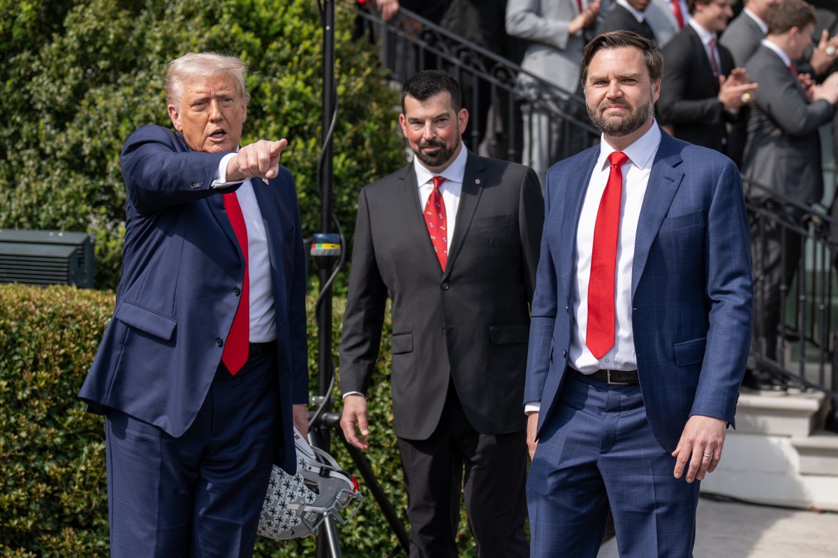 President Donald Trump and Vice President JD Vance depart after an event celebrating the 2025 College Football National Champion Ohio State University Buckeyes, Monday, April 14, 2025, at the South Portico of the White House. (Official White House Photo by Emily J. Higgins)