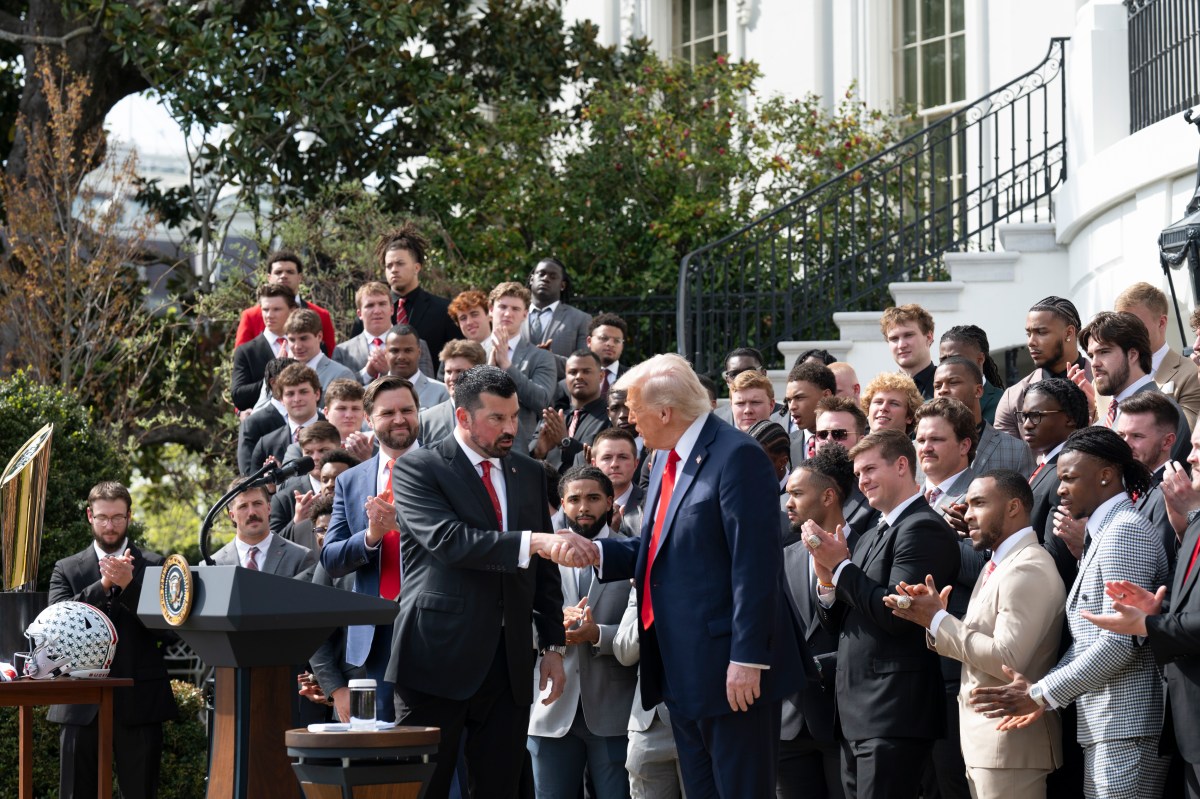 President Donald Trump delivers remarks at an event celebrating the 2025 College Football National Champion Ohio State University Buckeyes, Monday, April 14, 2025, at the South Portico of the White House.(Official White House Photo by Joyce N. Boghosian)