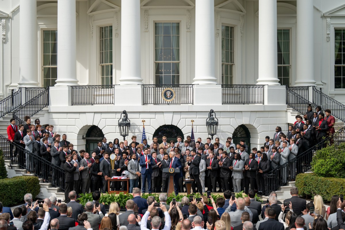 President Donald Trump delivers remarks at an event celebrating the 2025 College Football National Champion Ohio State University Buckeyes, Monday, April 14, 2025, at the South Portico of the White House. (Official White House Photo by Molly Riley)