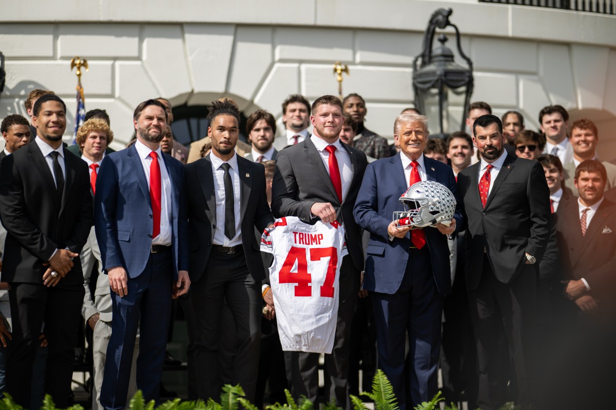 President Donald Trump delivers remarks at an event celebrating the 2025 College Football National Champion Ohio State University Buckeyes, Monday, April 14, 2025, at the South Portico of the White House. (Official White House Photo by Daniel Torok)