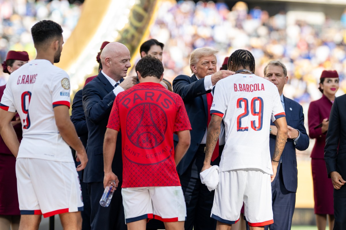 President Donald Trump participates in the post-match ceremony at the FIFA World Cup Final soccer match between Chelsea Football Club and Paris Saint-Germain, Sunday, July 13, 2025, at MetLife Stadium in East Rutherford, New Jersey. (Official White House Photo by Daniel Torok)