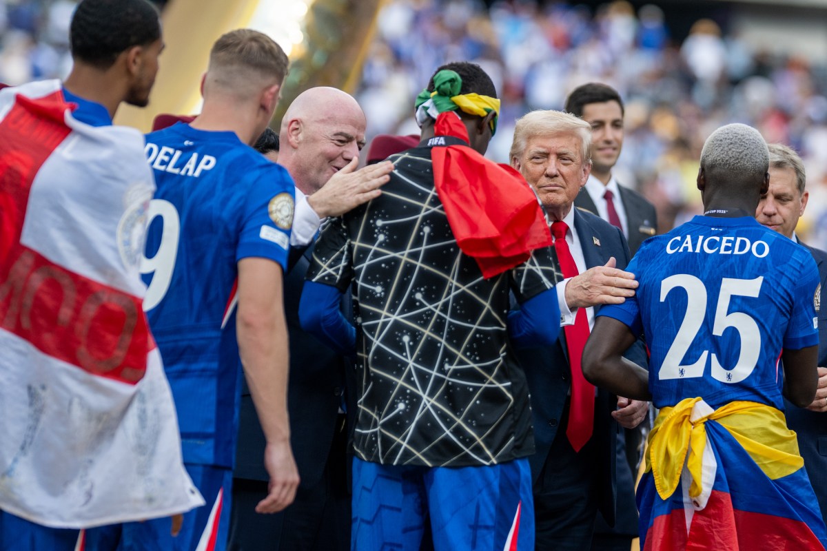 President Donald Trump celebrates with Chelsea Football Club players during a post-match ceremony at the FIFA World Cup Final, Sunday, July 13, 2025, at MetLife Stadium in East Rutherford, New Jersey. (Official White House Photo by Daniel Torok)