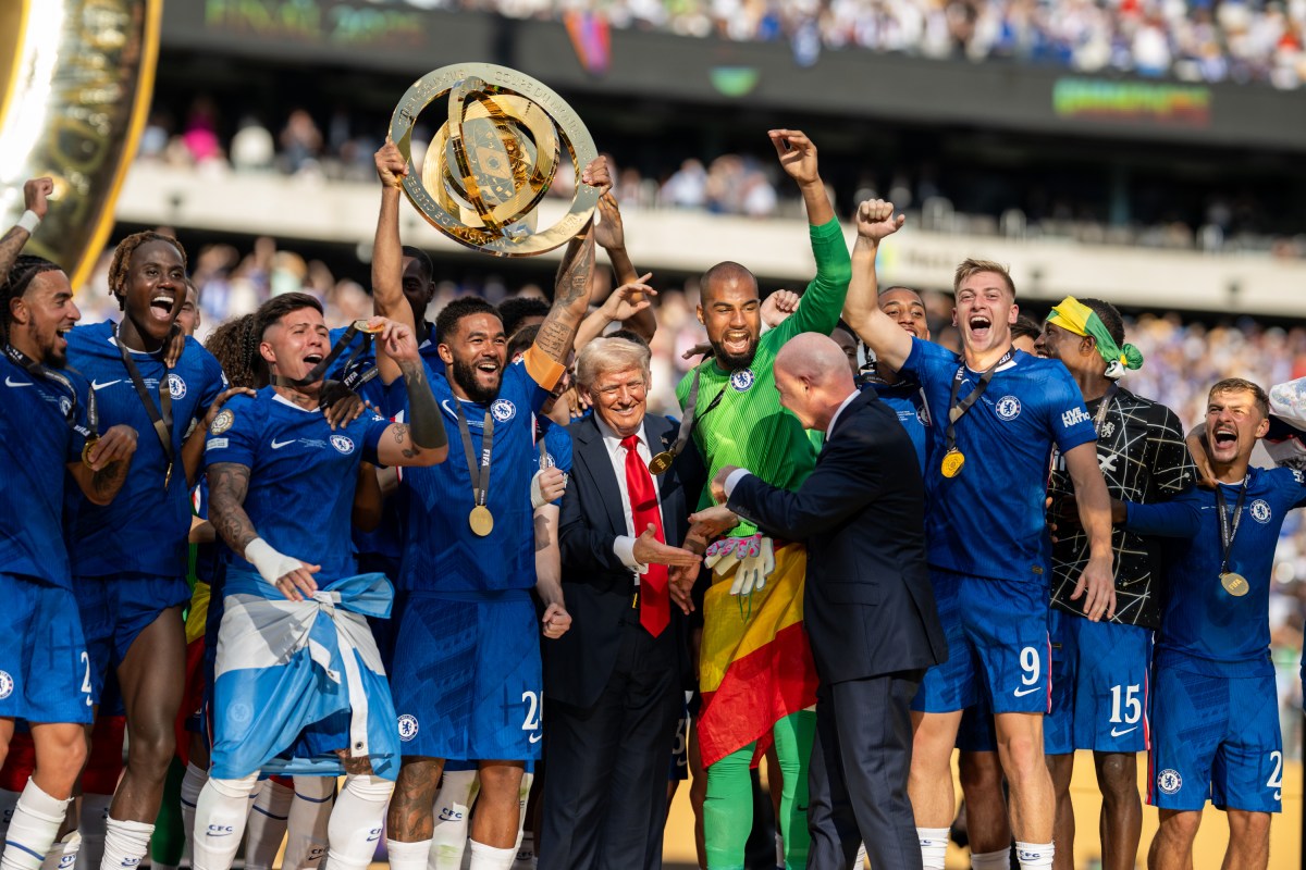 President Donald Trump celebrates with Chelsea Football Club players during a post-match ceremony at the FIFA World Cup Final, Sunday, July 13, 2025, at MetLife Stadium in East Rutherford, New Jersey. (Official White House Photo by Daniel Torok)