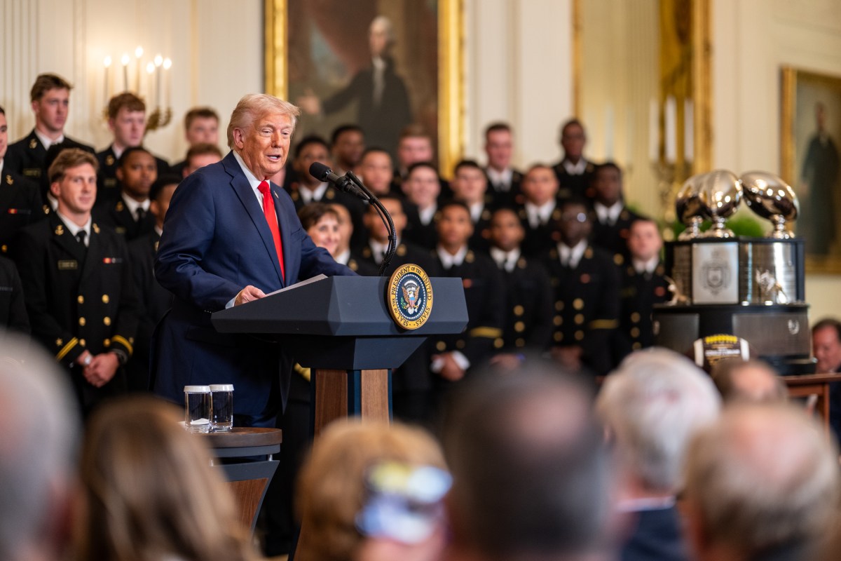 President Donald Trump greets members of the Navy Midshipmen football team from the U.S. Naval Academy, Tuesday, April 15, 2025, in the State Dining Room of the White House. (Official White House Photo by Daniel Torok)