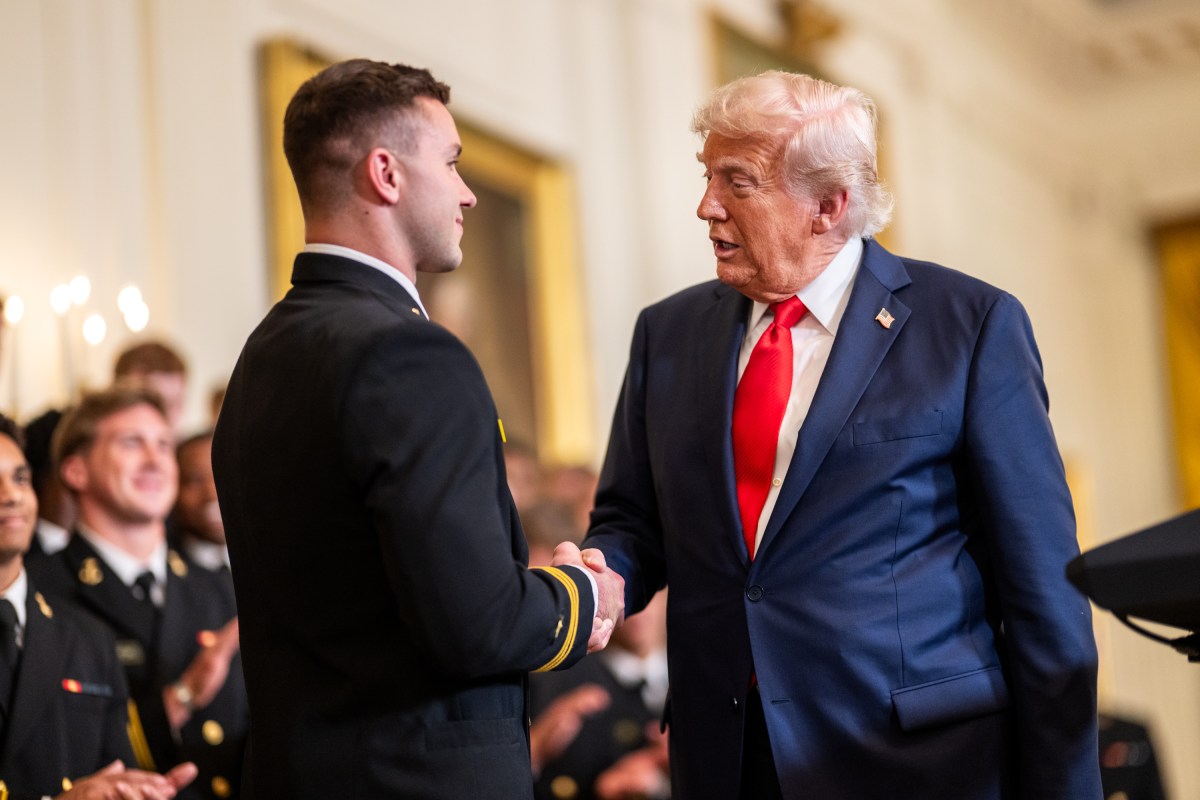 President Donald Trump greets members of the Navy Midshipmen football team from the U.S. Naval Academy, Tuesday, April 15, 2025, in the State Dining Room of the White House. (Official White House Photo by Daniel Torok)