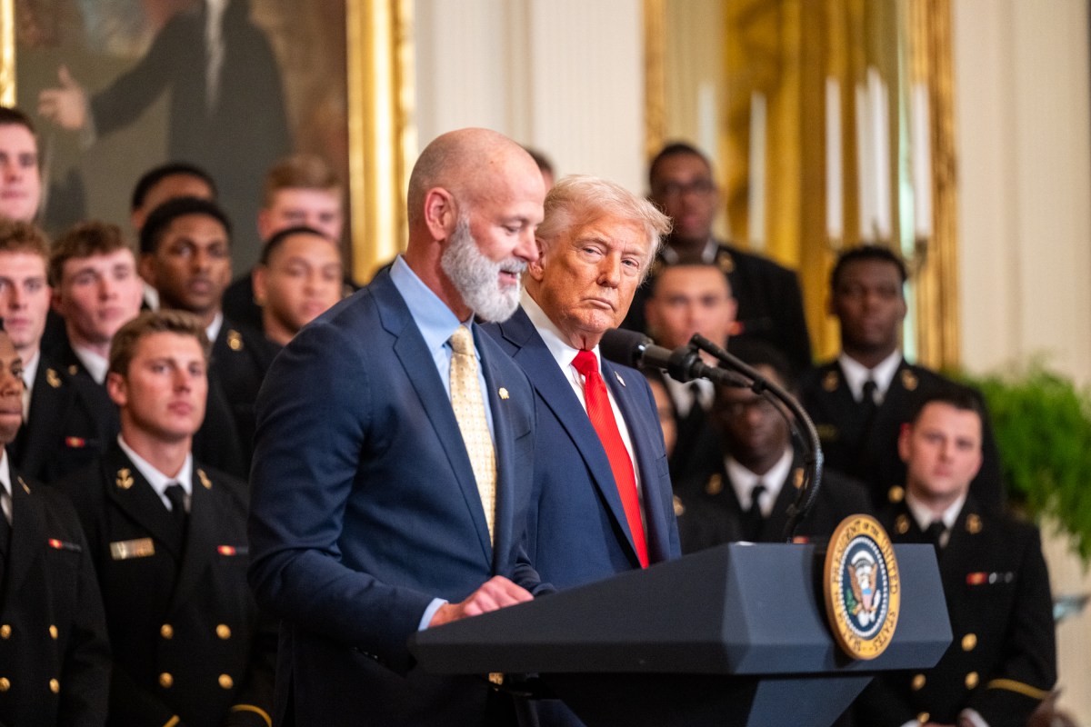 President Donald Trump greets members of the Navy Midshipmen football team from the U.S. Naval Academy, Tuesday, April 15, 2025, in the State Dining Room of the White House. (Official White House Photo by Molly Riley)
