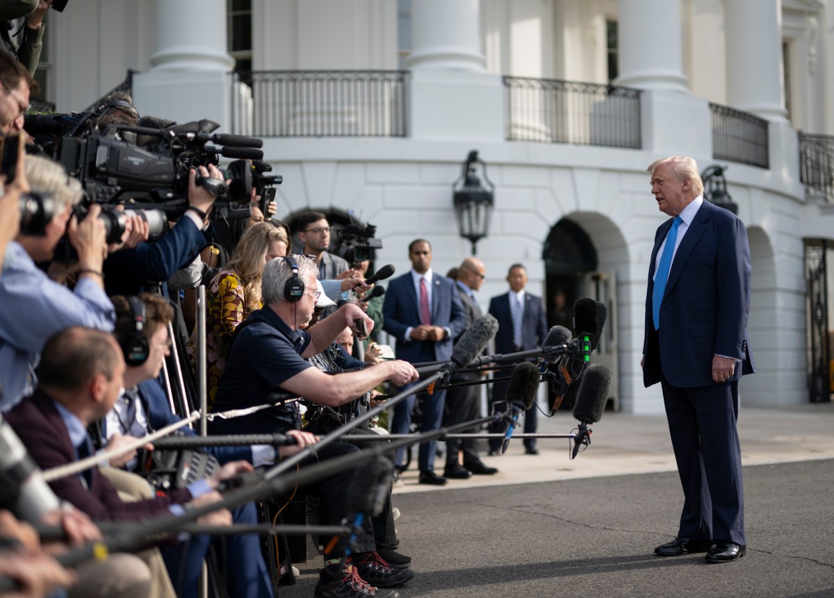President Donald Trump speaks to the press before boarding Marine One on the South Lawn of the White House, Friday, April 25, 2025, en route to Joint Base Andrews as they begin their trip to Italy to attend the funeral of Pope Francis. (Official White House Photo by Molly Riley)
