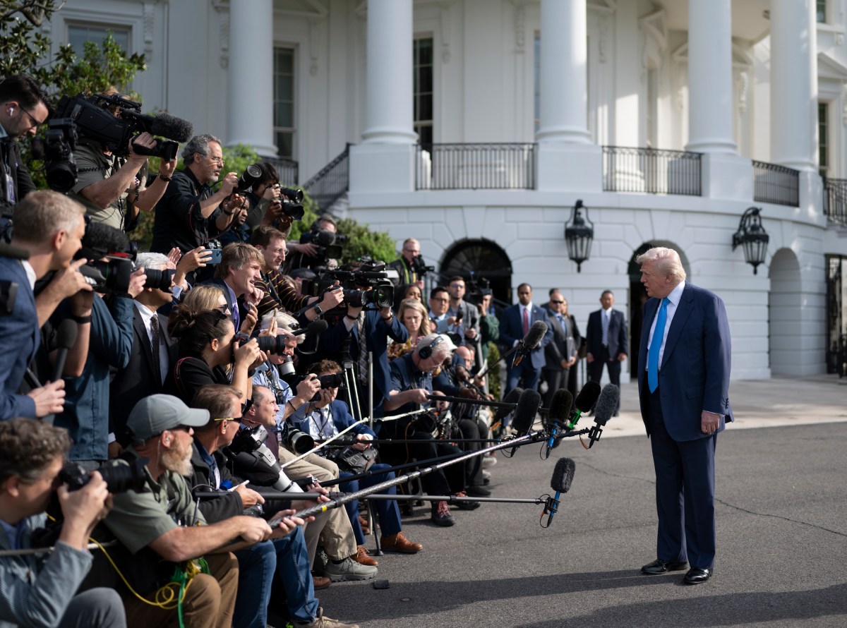 President Donald Trump speaks to the press before boarding Marine One on the South Lawn of the White House, Friday, April 25, 2025, en route to Joint Base Andrews as they begin their trip to Italy to attend the funeral of Pope Francis. (Official White House Photo by Molly Riley)