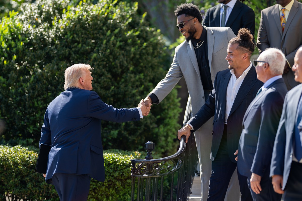 President Donald Trump, coach Nick Sirianni and Philadelphia Eagles offensive tackle Lane Johnson arrive to the South Lawn, Monday, April 28, 2025, for an event celebrating the team’s 2025 Super Bowl Championship.(Official White House Photo by Daniel Torok)