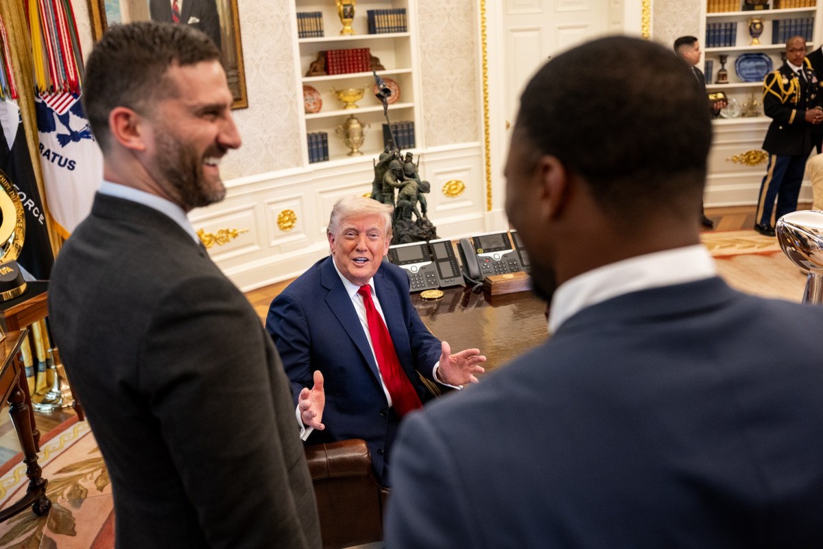 President Donald Trump, coach Nick Sirianni and Philadelphia Eagles offensive tackle Lane Johnson arrive to the South Lawn, Monday, April 28, 2025, for an event celebrating the team’s 2025 Super Bowl Championship.(Official White House Photo by Daniel Torok)
