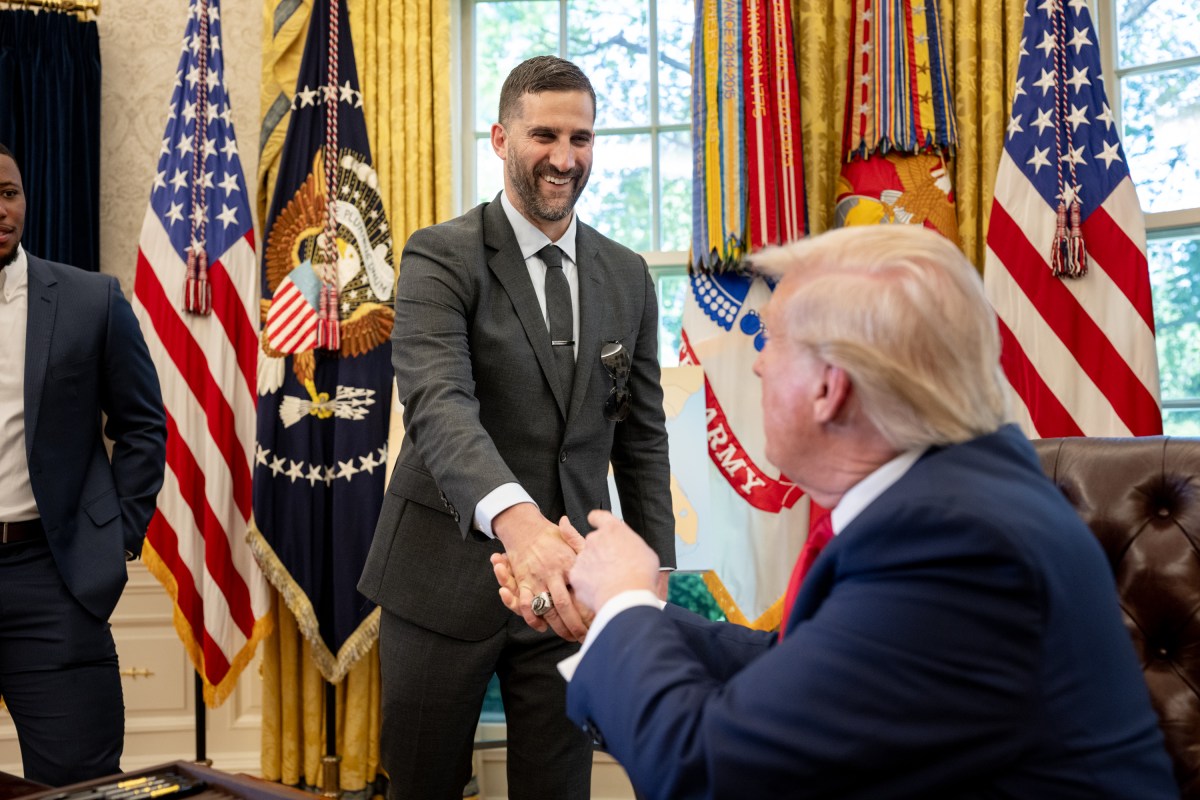 President Donald Trump, coach Nick Sirianni and Philadelphia Eagles offensive tackle Lane Johnson arrive to the South Lawn, Monday, April 28, 2025, for an event celebrating the team’s 2025 Super Bowl Championship.(Official White House Photo by Daniel Torok)