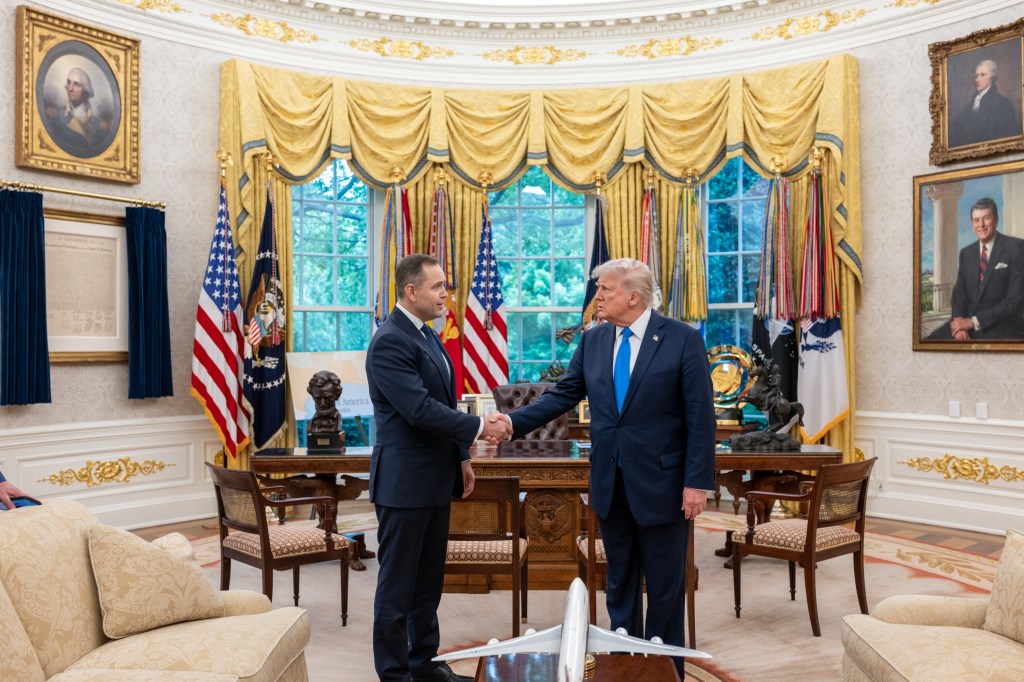 President Donald Trump meets with and poses for a photo with Polish presidential candidate Karol Nawrocki in the Oval Office, Thursday, May 1, 2025. (Official White House Photo by Joyce N. Boghosian)