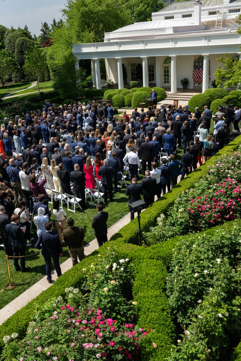 President Donald Trump delivers remarks at a National Day of Prayer event, Thursday, May 1, 2025, in the White House Rose Garden. (Official White House Photo by Molly Riley)
