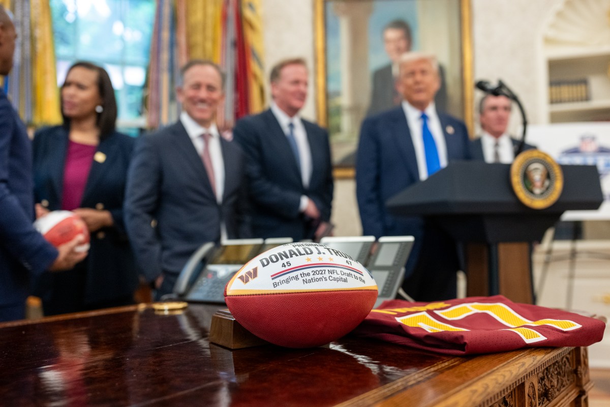 President Donald Trump is joined by White House Opportunity and Revitalization Council Executive Director Scott Turner, Washington Commanders owner Josh Harris, NFL Commissioner Roger Goodell, Washington D.C. Mayor Muriel Bowser, and Secretary of the Interior Doug Burgum, for an announcement that Washington, D.C. will host the 2027 NFL Draft, Monday, May 5, 2025, in the Oval Office. (Official White House Photo by Molly Riley)