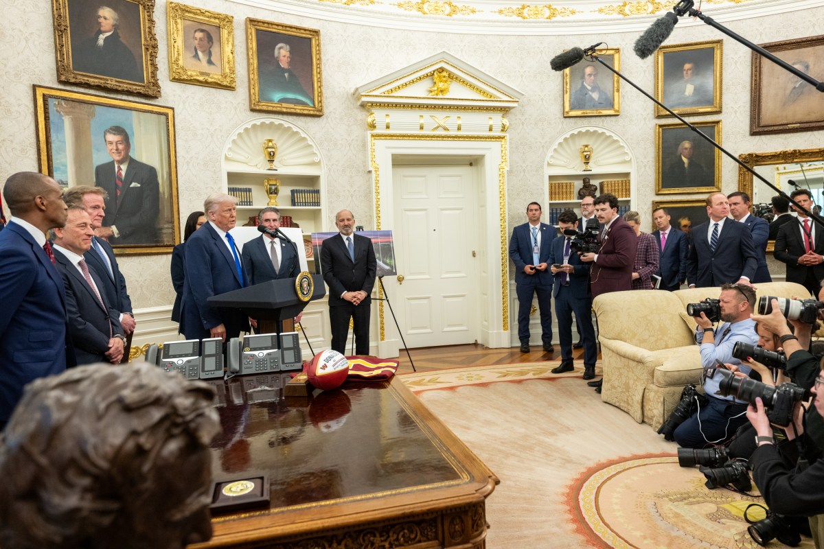 President Donald Trump is joined by White House Opportunity and Revitalization Council Executive Director Scott Turner, Washington Commanders owner Josh Harris, NFL Commissioner Roger Goodell, Washington D.C. Mayor Muriel Bowser, and Secretary of the Interior Doug Burgum, for an announcement that Washington, D.C. will host the 2027 NFL Draft, Monday, May 5, 2025, in the Oval Office. (Official White House Photo by Molly Riley)