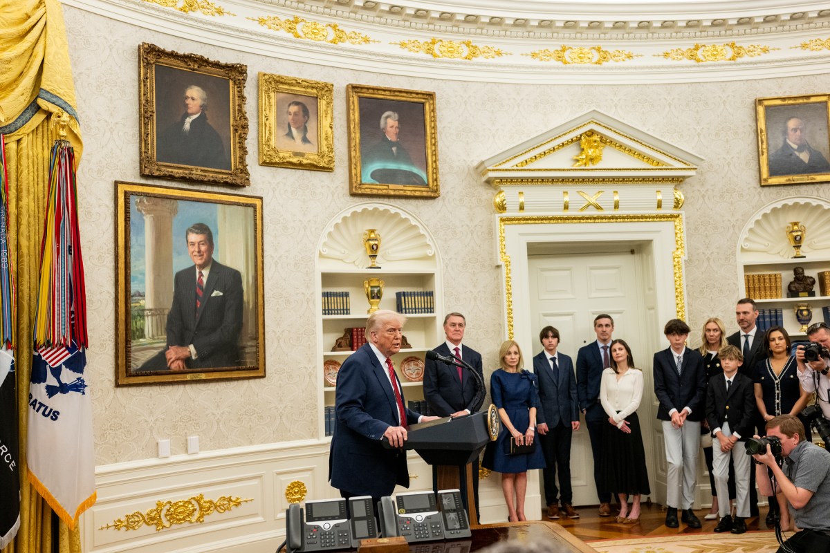 President Donald Trump participates in the swearing-in ceremony for U.S. Ambassador to China David Purdue, Wednesday, May 7, 2025, in the Oval Office. (Official White House Photo by Molly Riley)