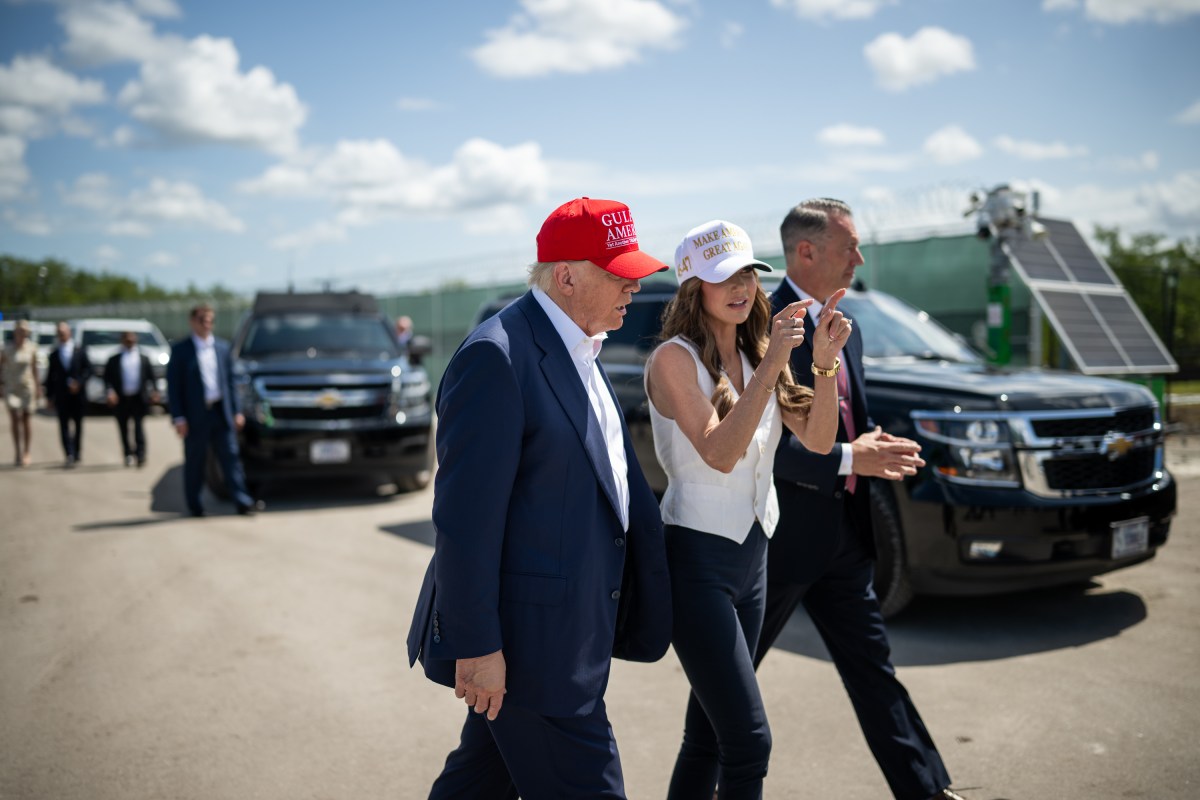 President Donald Trump speaks with Secretary of Homeland Security Kristi Noem during a walking tour of the immigration detention center nicknamed “Alligator Alcatraz”, Tuesday, July 1, 2025, in Ochopee, Florida. (Official White House Photo by Daniel Torok)