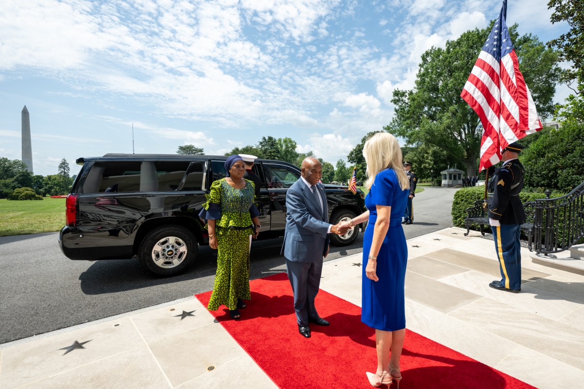 Chief of Protocol Monica Crowley greets President Joseph Nyuma Boakai of Liberia at the South Portico of the White House, Wednesday, July 9, 2025, before attending a multilateral luncheon with President Donald Trump and other African leaders. (Official White House Photo by Molly Riley)