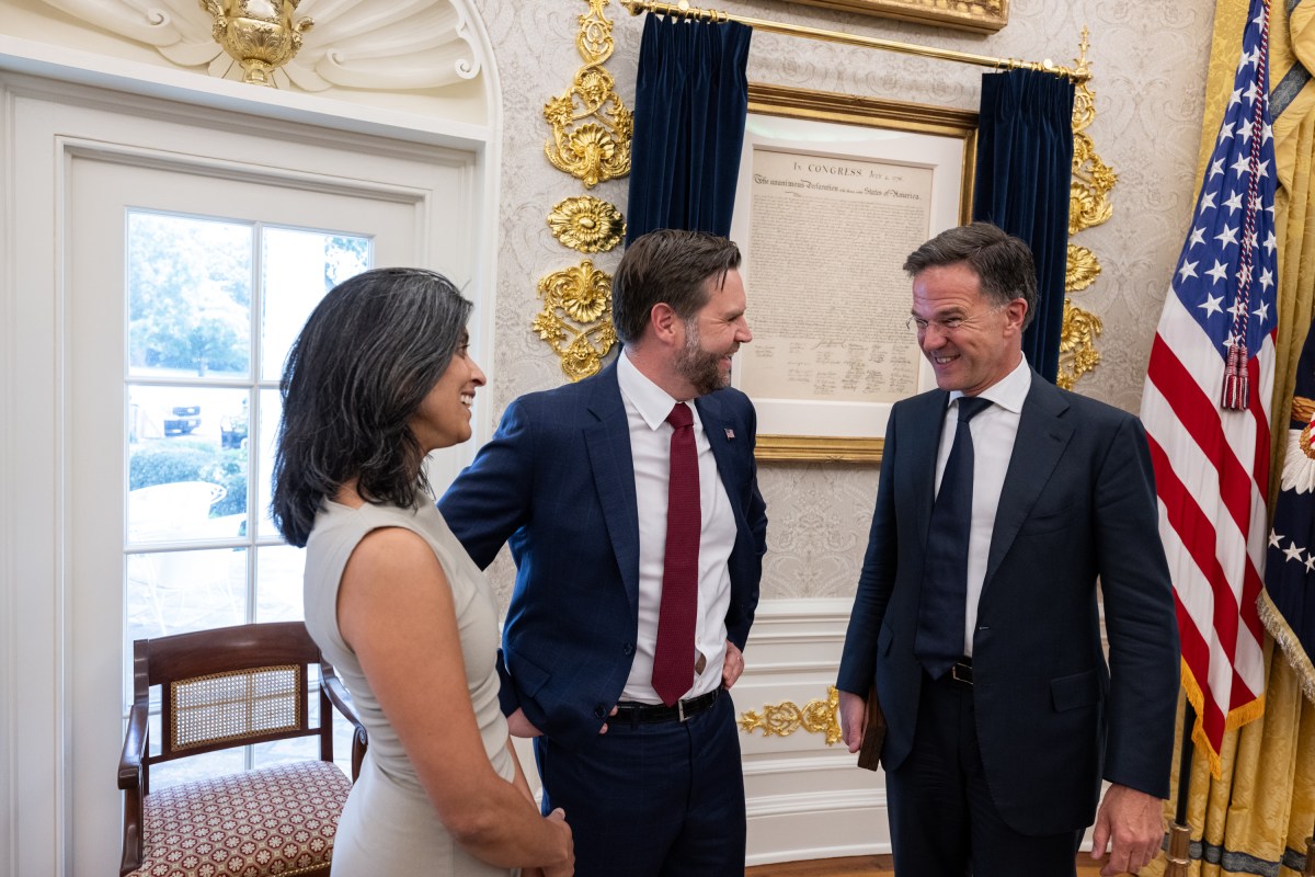 NATO Secretary Mark Rutte speaks with Vice President JD Vance and Second Lady Usha Vance after meeting with President Donald Trump, Monday, July 14, 2025, in the Oval Office. (Official White House Photo by Daniel Torok)