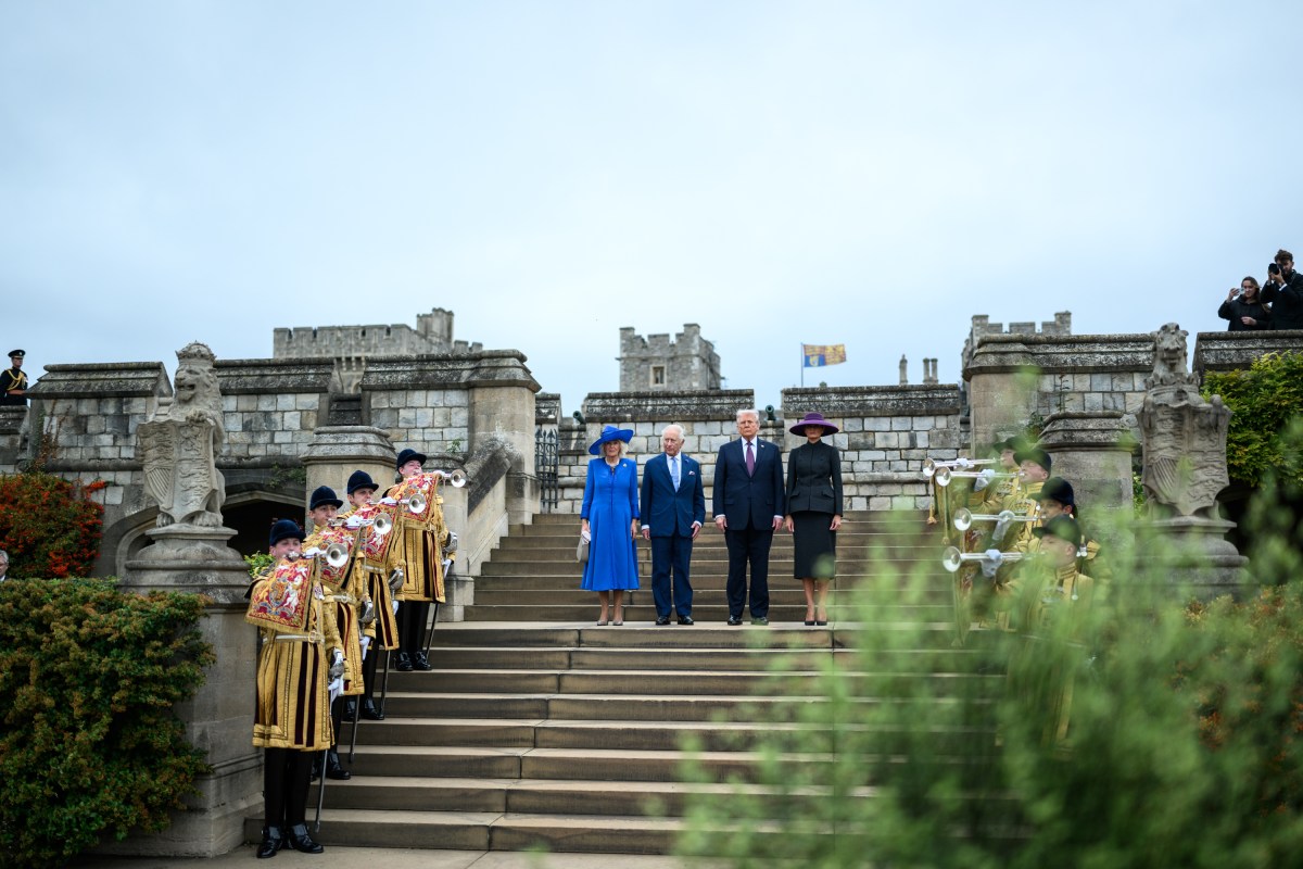 President Donald Trump, First Lady Melania Trump, King Charles III and Queen Camilla view a Beating Retreat military ceremony and flyover by the Red Arrows at Windsor Castle in Windsor, England on Wednesday, September 17, 2025. (Official White House Photo by Daniel Torok)