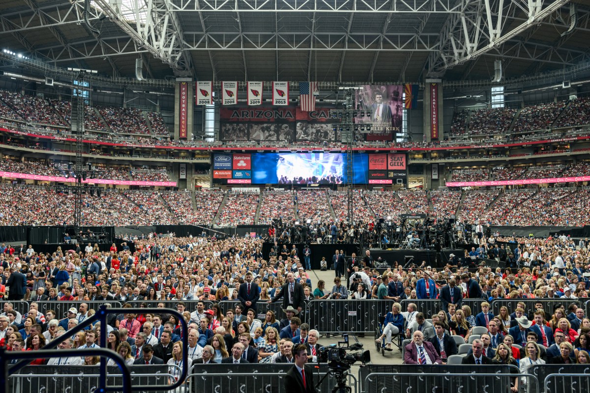 Cabinet Secretaries, White House staff and guests watch speakers during the Memorial Service for Charlie Kirk at State Farm Stadium in Glendale, Arizona, Sunday, September 21, 2025.(Official White House Photo by Daniel Torok)