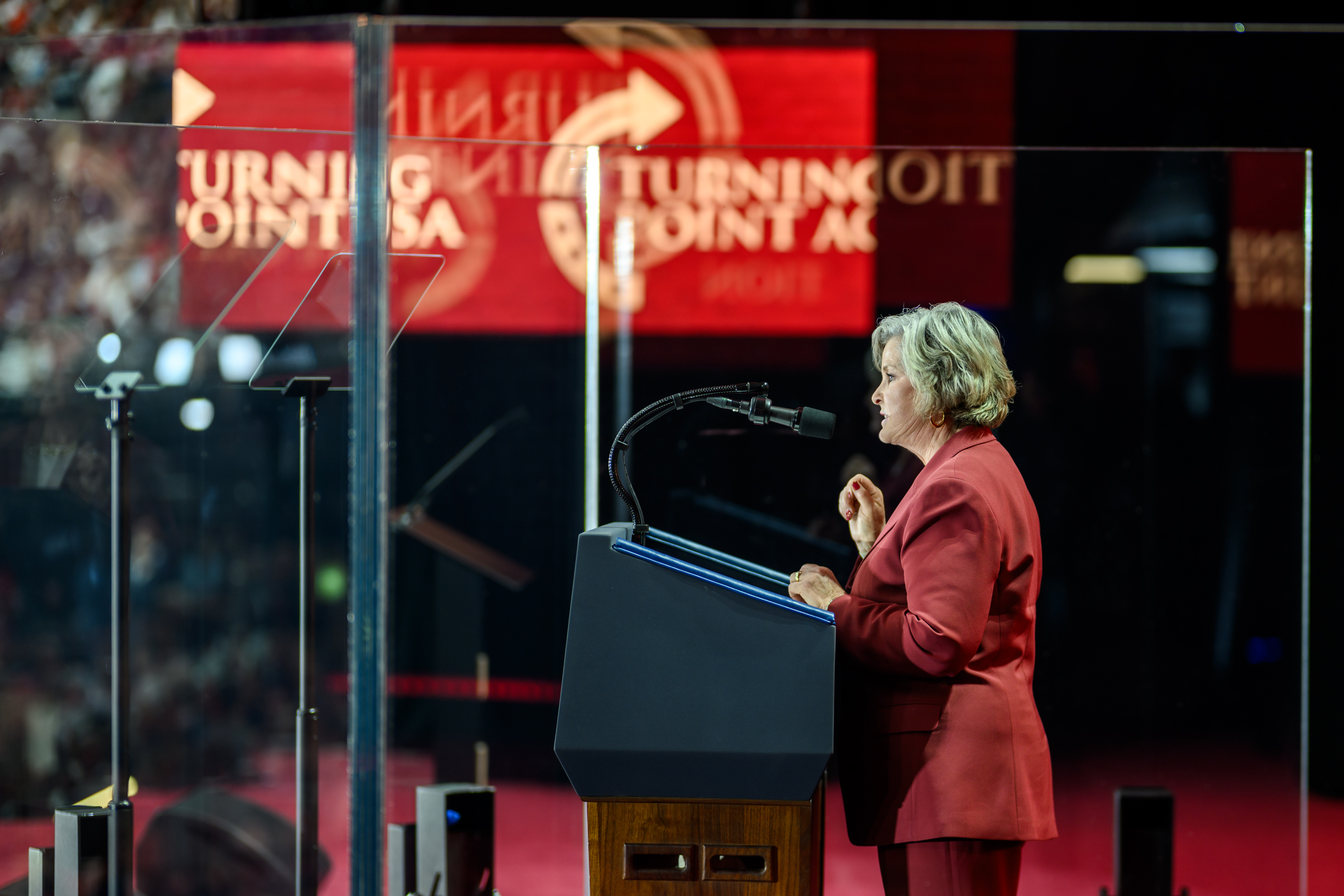 White House Chief of Staff Susie Wiles delivers remarks during the Memorial Service for Charlie Kirk at State Farm Stadium in Glendale, Arizona, Sunday, September 21, 2025.(Official White House Photo by Daniel Torok)