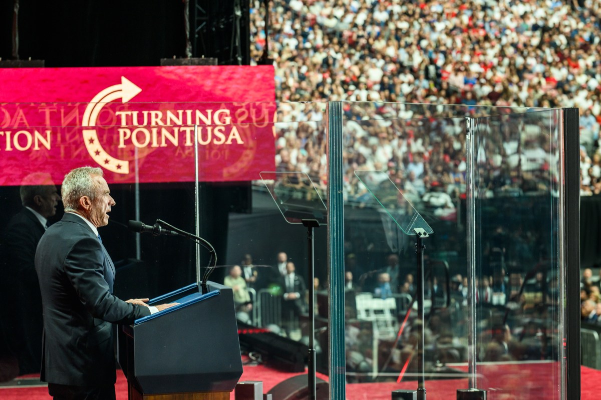 HHS Secretary Robert F. Kennedy, Jr. delivers remarks during the Memorial Service for Charlie Kirk at State Farm Stadium in Glendale, Arizona, Sunday, September 21, 2025.(Official White House Photo by Daniel Torok)