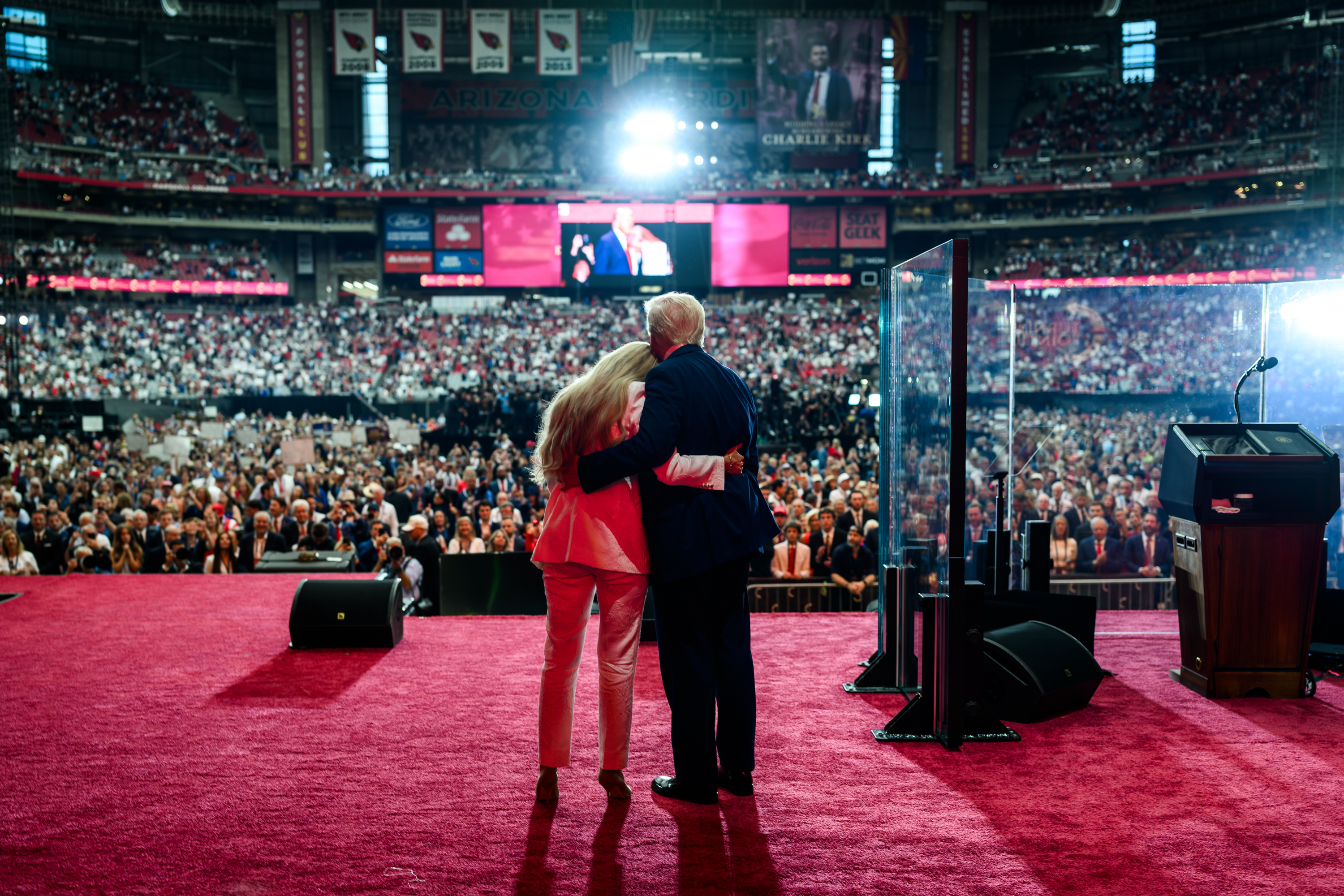 President Donald Trump takes the stage with Erika Kirk at the Memorial Service for Charlie Kirk at State Farm Stadium in Glendale, Arizona, Sunday, September 21, 2025. (Official White House Photo by Daniel Torok)
