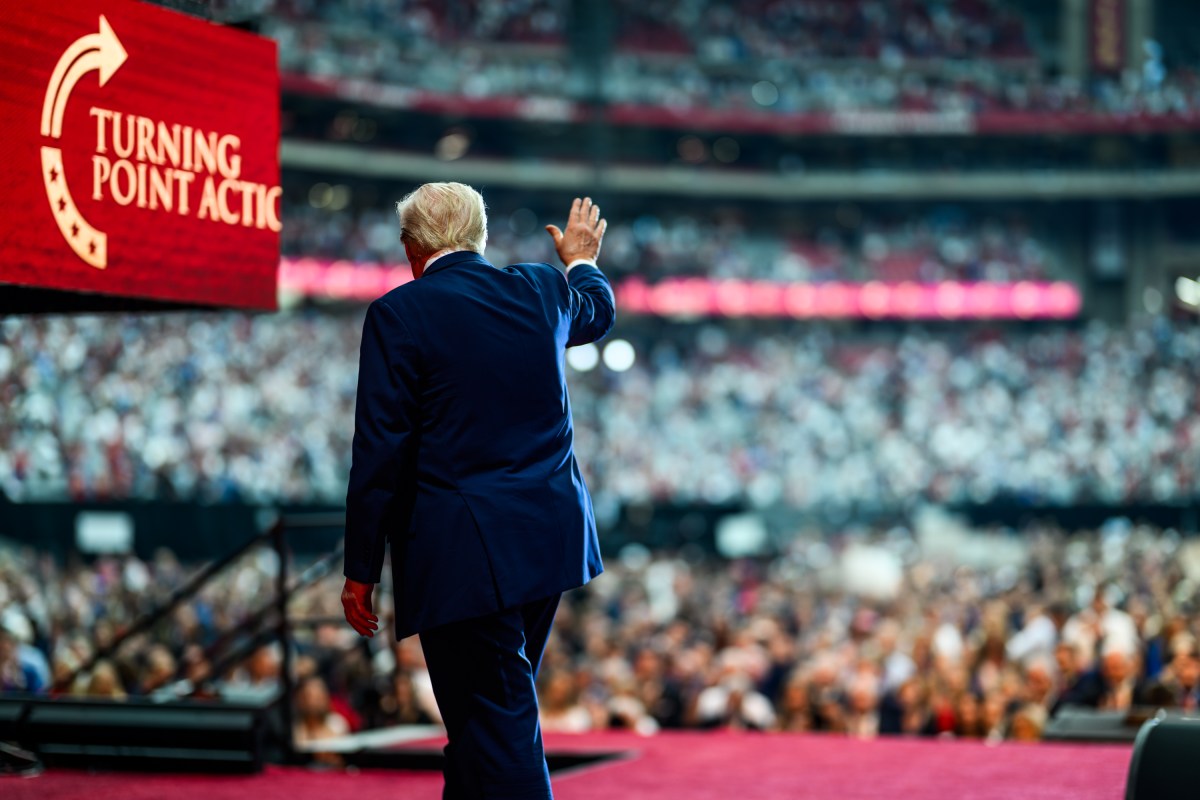 President Donald Trump takes the stage with Erika Kirk at the Memorial Service for Charlie Kirk at State Farm Stadium in Glendale, Arizona, Sunday, September 21, 2025. (Official White House Photo by Daniel Torok)