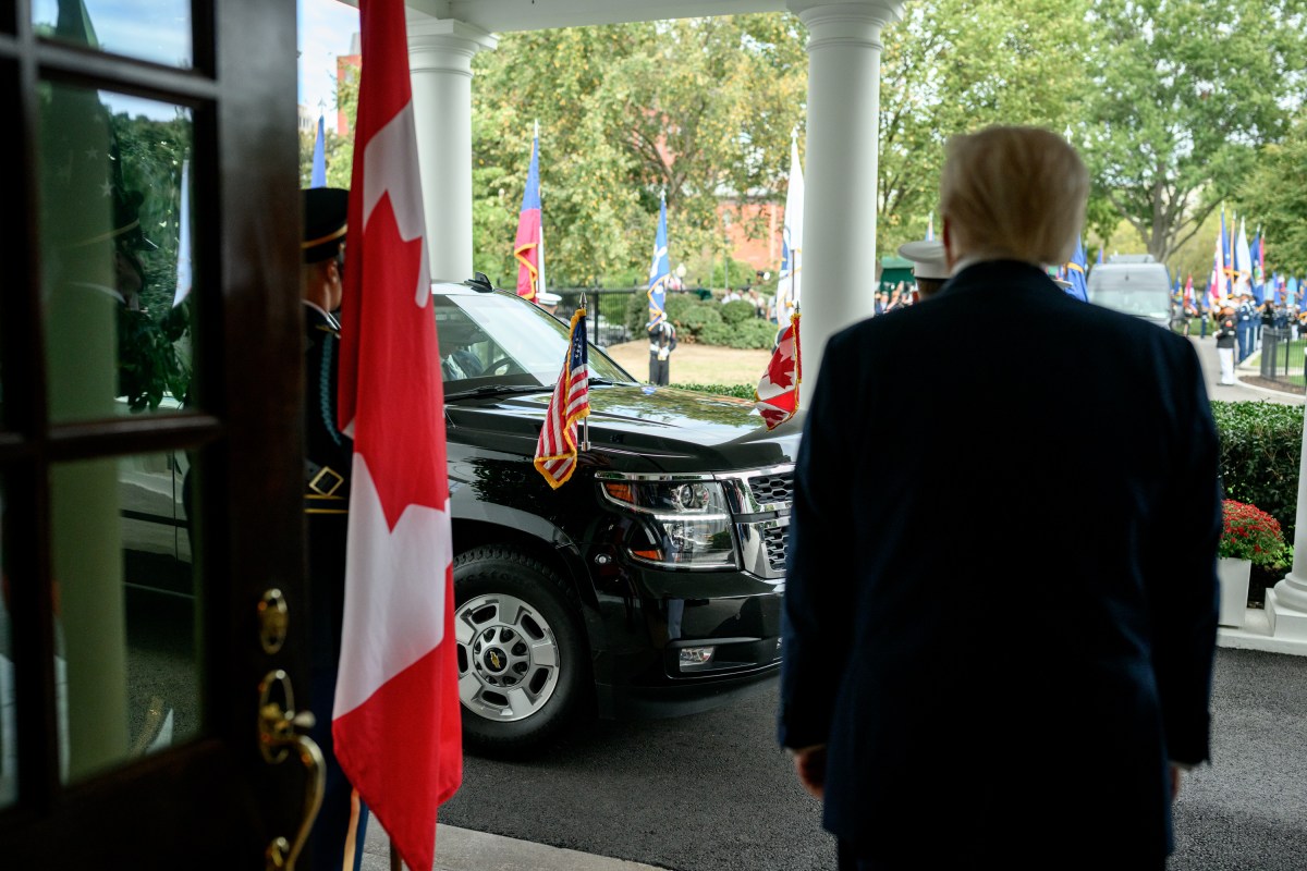 President Donald Trump greets Canadian Prime Minister Mark Carney at the West Wing Lobby of the White House, Tuesday, October 7, 2025. (Official White House Photo by Daniel Torok)