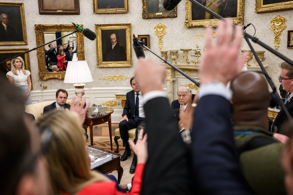 President Donald Trump speaks with members of the media alongside NATO Secretary General Mark Rutte, Secretary of State Marco Rubio, and Secretary of War Pete Hegseth in the Oval Office, Wednesday, October 22, 2025. (Official White House Photo by Molly Riley)