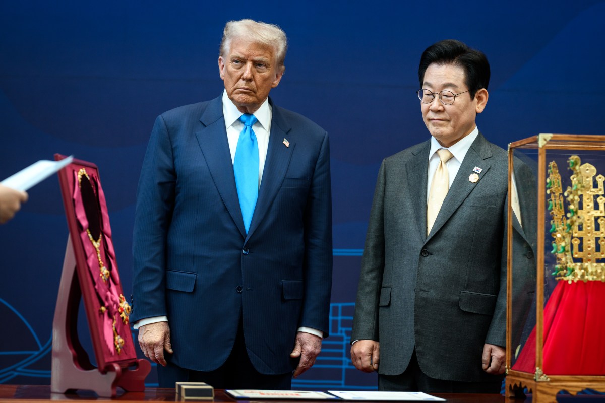 President Donald Trump is awarded the Grand Order of Mugunghwa by South Korean President Lee Jae Myung during a ceremony at the Gyeongju National Museum, South Korea on Wednesday, October 29, 2025. (Official White House Photo by Daniel Torok)