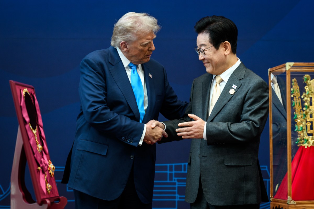 President Donald Trump is awarded the Grand Order of Mugunghwa by South Korean President Lee Jae Myung during a ceremony at the Gyeongju National Museum, South Korea on Wednesday, October 29, 2025. (Official White House Photo by Daniel Torok)