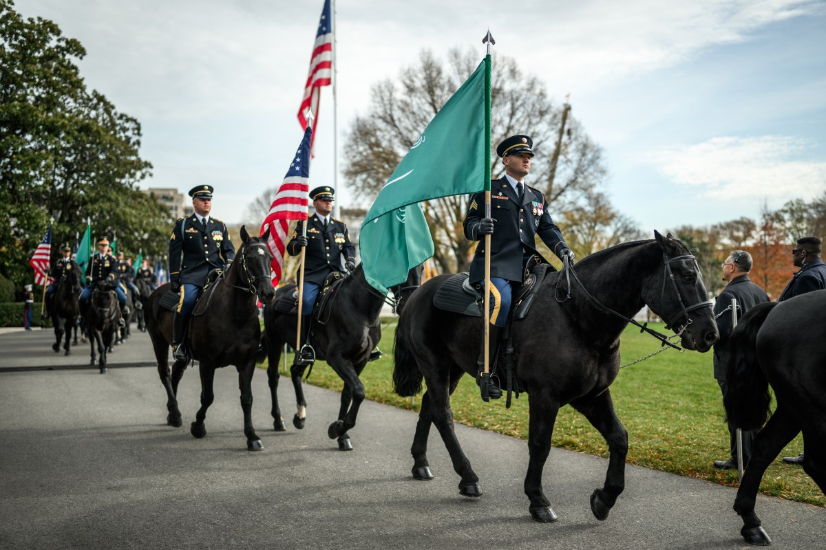 Soldiers on horseback pass President Donald Trump during a welcome ceremony for Crown Prince and Prime Minister Mohammed bin Salman Al Saud of Saudi Arabia at the South Portico of the White House, Tuesday, November 18, 2025. (Official White House Photo by Daniel Torok)
