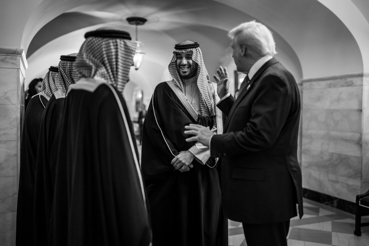 President Donald Trump speaks with Crown Prince and Prime Minister Mohammed bin Salman Al Saud of Saudi Arabia and members of the Saudi delegation in the lower Central Hall of the White House before their meeting in the Oval Office, Tuesday, November 18, 2025. (Official White House Photo by Daniel Torok)