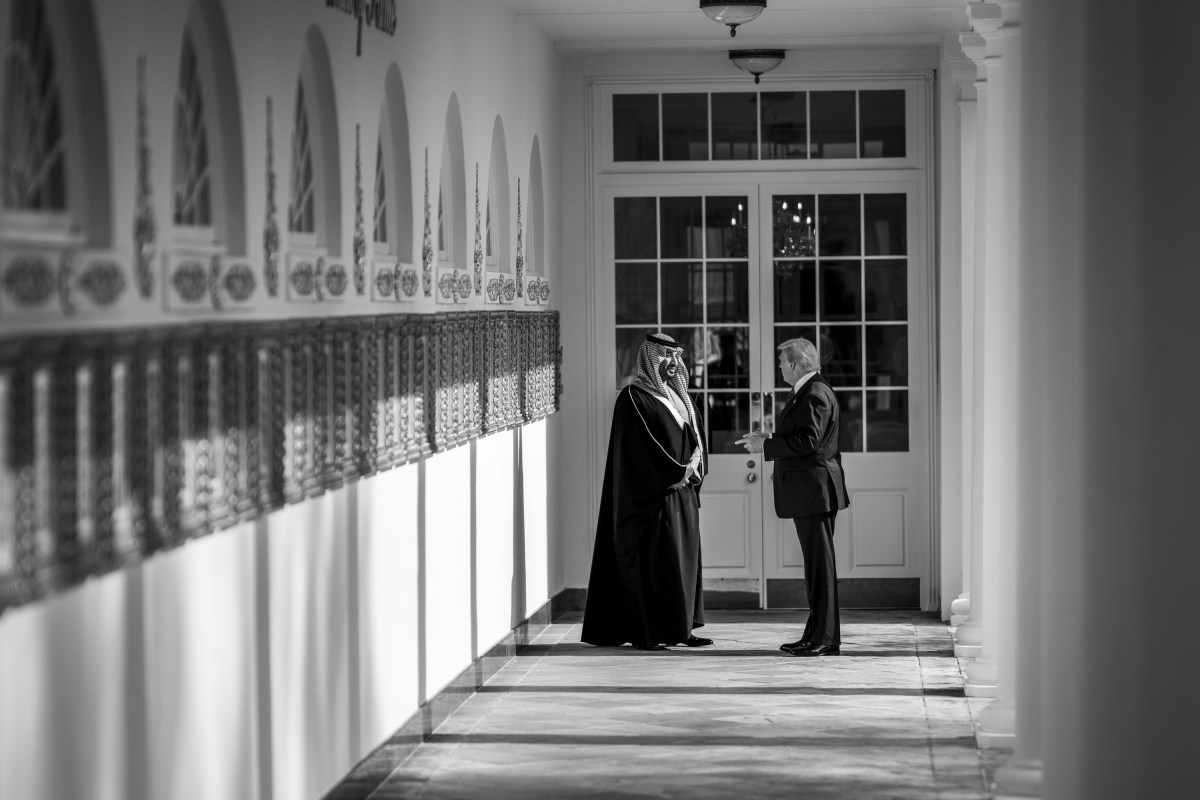 President Donald Trump and Crown Prince and Prime Minister Mohammed bin Salman Al Saud of Saudi Arabia speak on the West Colonnade of the White House, Tuesday, November 18, 2025. (Official White House Photo by Daniel Torok)