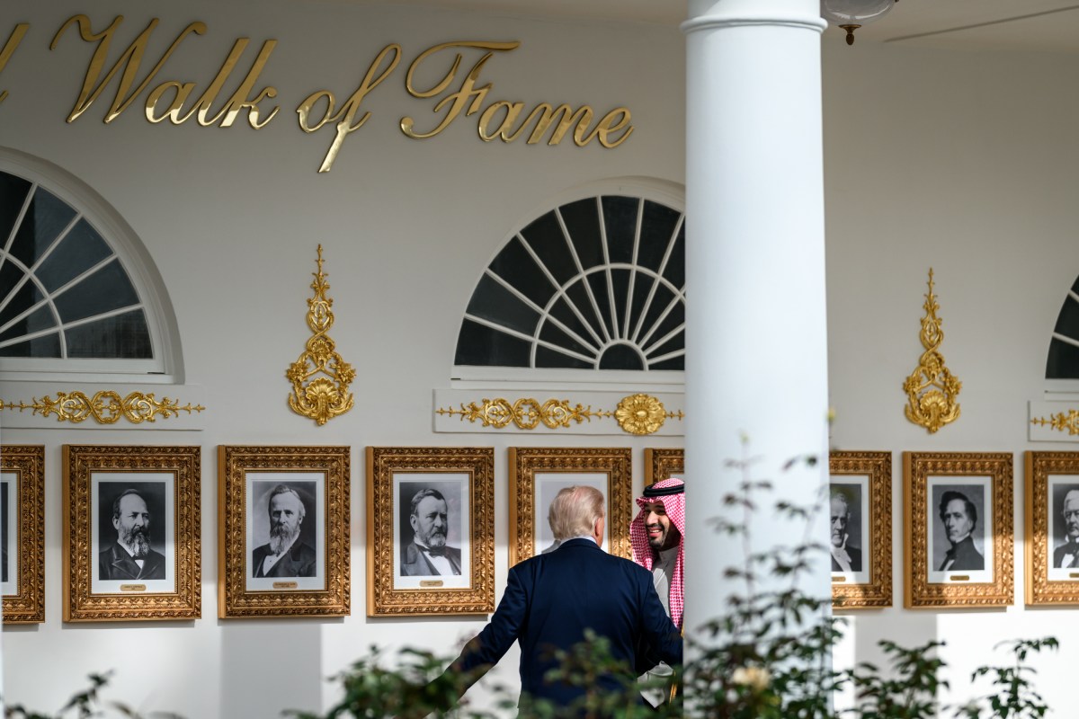 President Donald Trump and Crown Prince and Prime Minister Mohammed bin Salman Al Saud of Saudi Arabia walk along the West Colonnade of the White House to the Oval Office, Tuesday, November 18, 2025. (Official White House Photo by Daniel Torok)