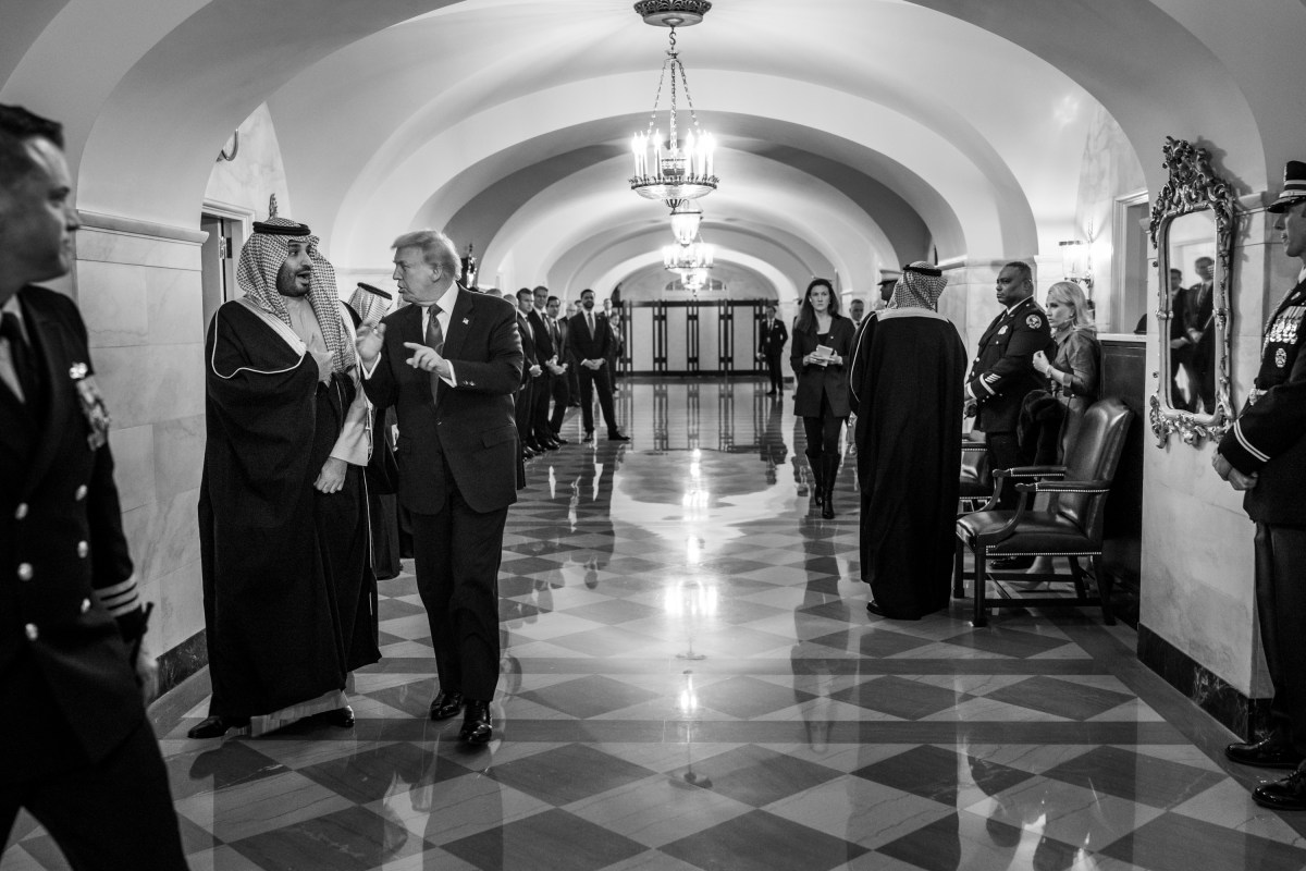 President Donald Trump speaks with Crown Prince and Prime Minister Mohammed bin Salman Al Saud of Saudi Arabia in the lower Center Hall of the White House before their meeting in the Oval Office, Tuesday, November 18, 2025. (Official White House Photo by Joyce N. Boghosian)