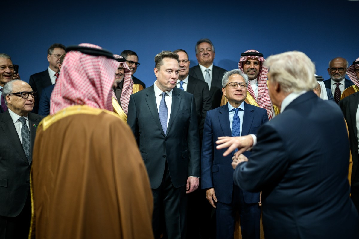 President Donald Trump and Crown Prince and Prime Minister Mohammed bin Salman Al Saud of Saudi Arabia speak with Elon Musk, Nvidia CEO Jensen Huang and other business leaders at the U.S.-Saudi Investment Forum, Wednesday, November 19, 2025, at the John F. Kennedy Center for the Performing Arts in Washington, D.C. (Official White House Photo by Daniel Torok)
