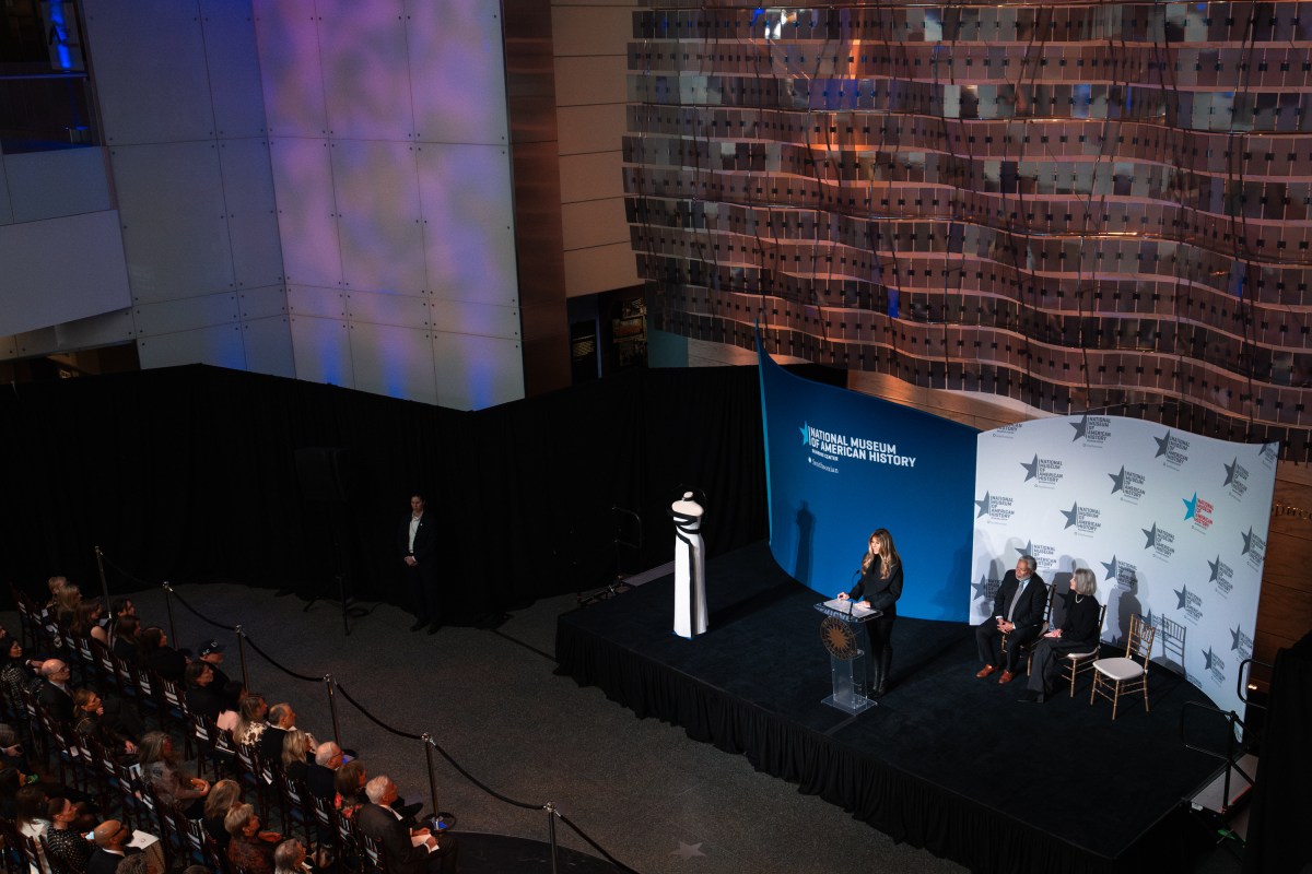 First Lady Melania Trump presents her 2025 inaugural gown to the First Ladies Collection at the Smithsonian National Museum of American History in Washington, D.C., Friday, February 20, 2026. (Official White House Photo by Cody Hendrix)