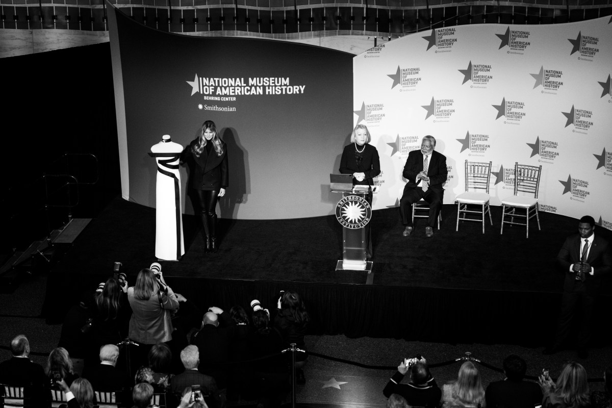 First Lady Melania Trump presents her 2025 inaugural gown to the First Ladies Collection at the Smithsonian National Museum of American History in Washington, D.C., Friday, February 20, 2026. (Official White House Photo by Cody Hendrix)