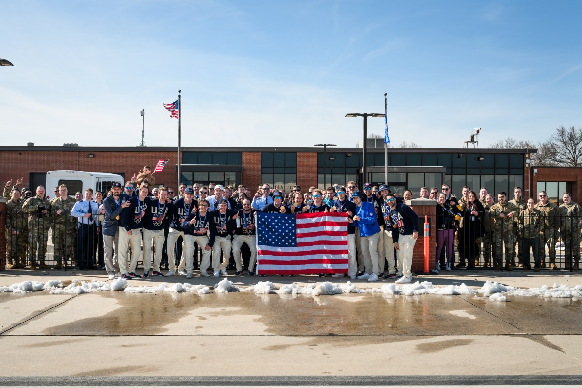 The U.S. Olympic Men’s Hockey Team arrive at Joint Base Andrews, Maryland, before touring the White House, Tuesday, February 24, 2026. (Official White House Photo by Daniel Torok)